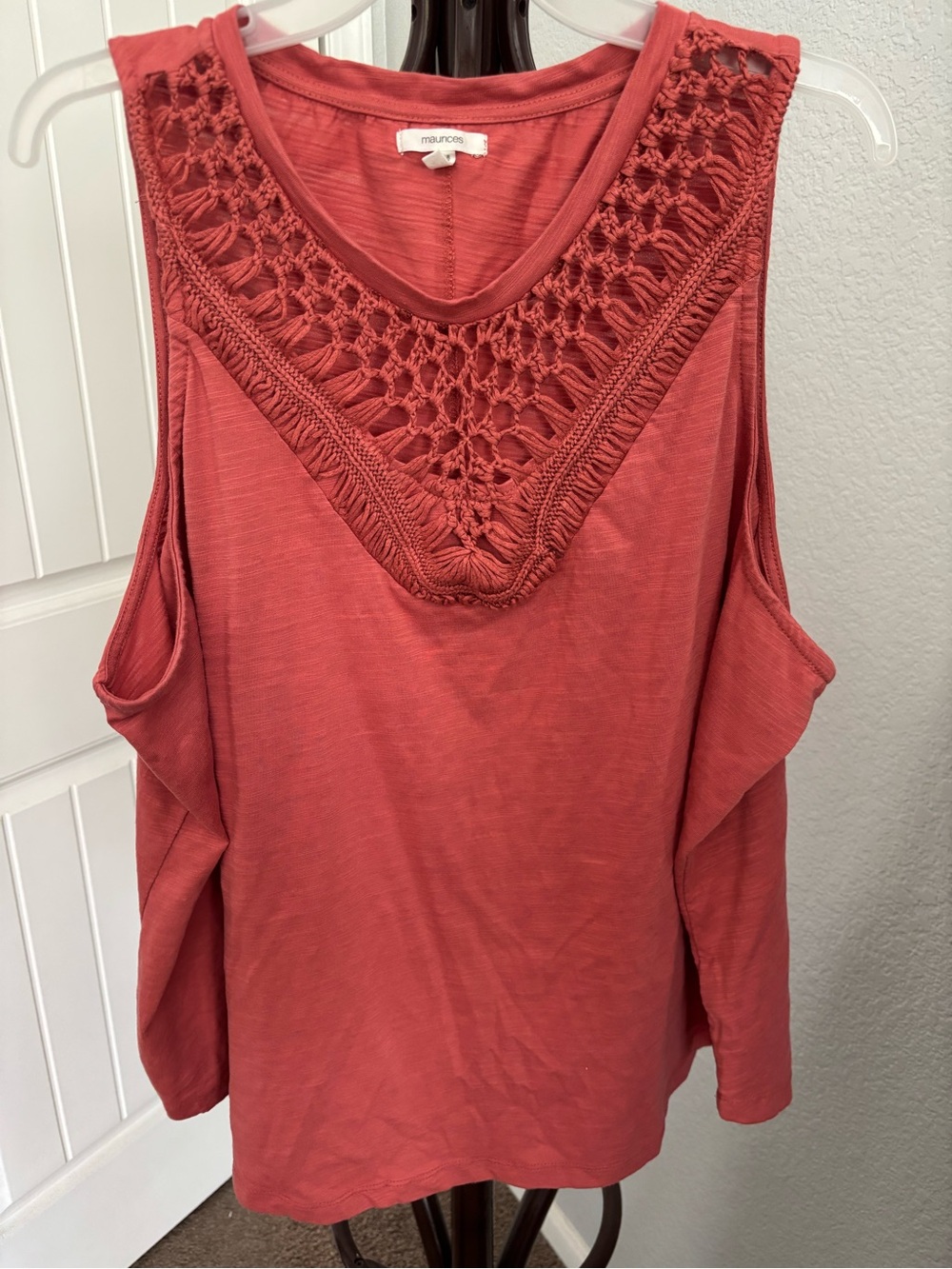 Maurices Coral Cold-Shoulder Tank with Crochet Yoke